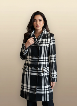 Burberry Wool Blend Black/White Plaid Women’s Peacoat