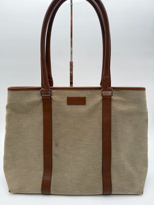 GUCCI Khaki Canvas Leather Shopper Tote