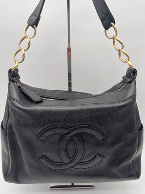 CHANEL Timeless Caviar Leather Ring Chain Satchel Bag Black