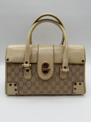 Gucci Beige GG Cream Canvas Leather Turnlock Handbag Vintage