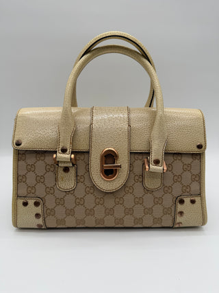 Gucci Beige GG Cream Canvas Leather Turnlock Handbag Vintage