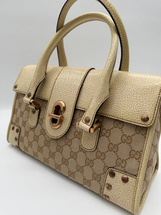 Gucci Beige GG Cream Canvas Leather Turnlock Handbag Vintage