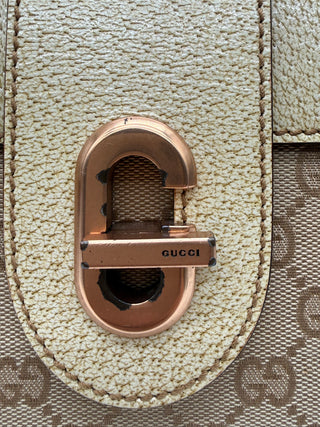 Gucci Beige GG Cream Canvas Leather Turnlock Handbag Vintage