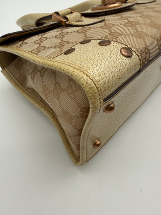 Gucci Beige GG Cream Canvas Leather Turnlock Handbag Vintage