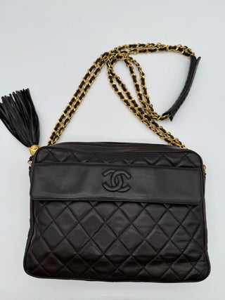 Chanel Vintage Quilted Lambskin Tassel Camera Bag – Black Leather with 24K Gold-Plated Hardware