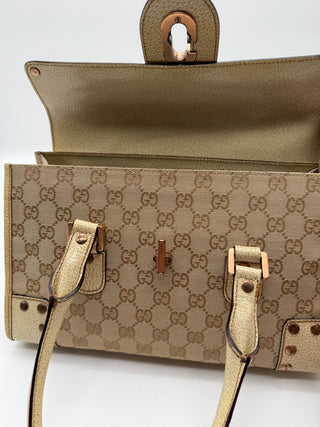 Gucci Beige GG Cream Canvas Leather Turnlock Handbag Vintage