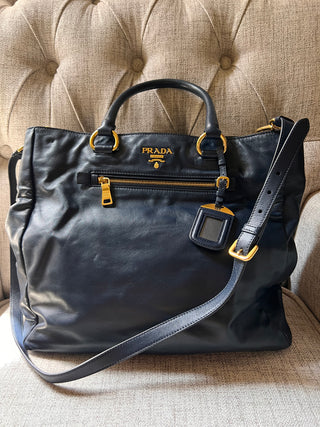 PRADA 2-way Leather Handbag Navy Blue