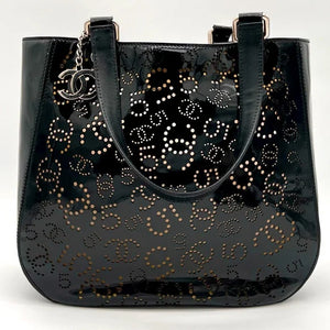 CHANEL Black Perforated Patent Leather Tote
